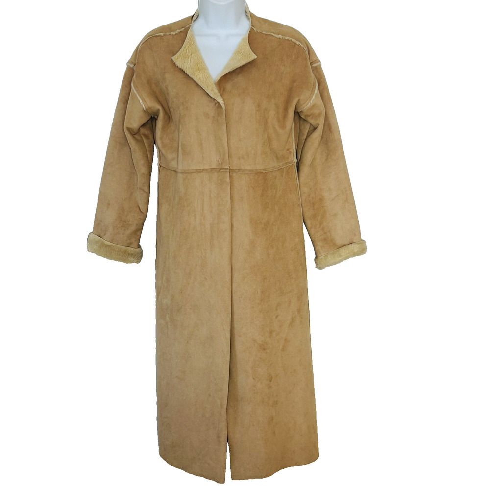 Banana Republic Faux Suede Long Coat Shearling Lined XS Tan Penny Lane Y2K Italy